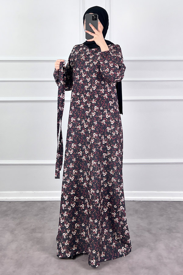 Çiçekli Krep Elbise - Siyah