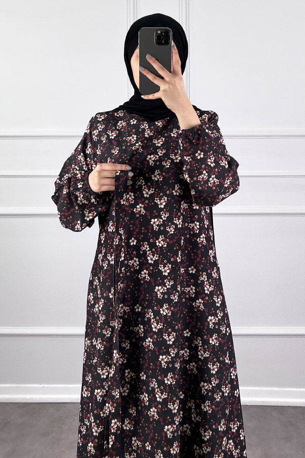 Çiçekli Krep Elbise - Siyah