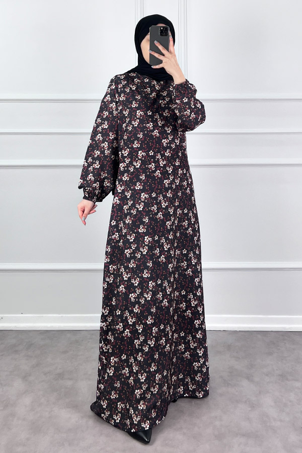 Çiçekli Krep Elbise - Siyah