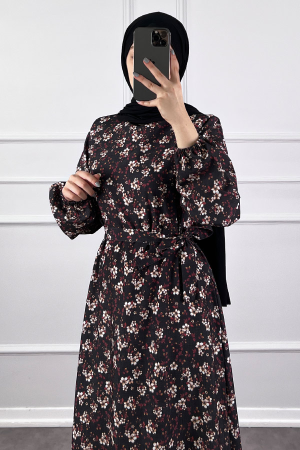 Çiçekli Krep Elbise - Siyah