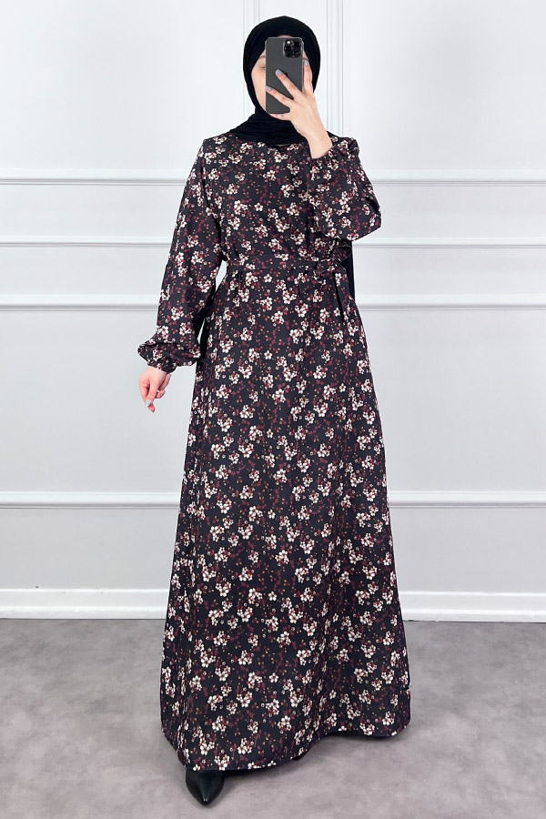 Çiçekli Krep Elbise - Siyah