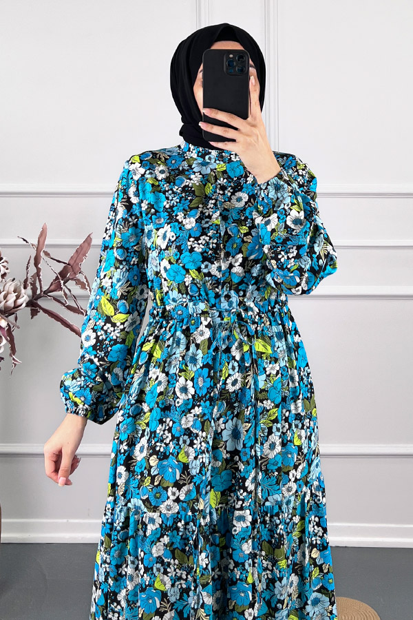 Çiçekli Pamuk Viskon Elbise - Mavi