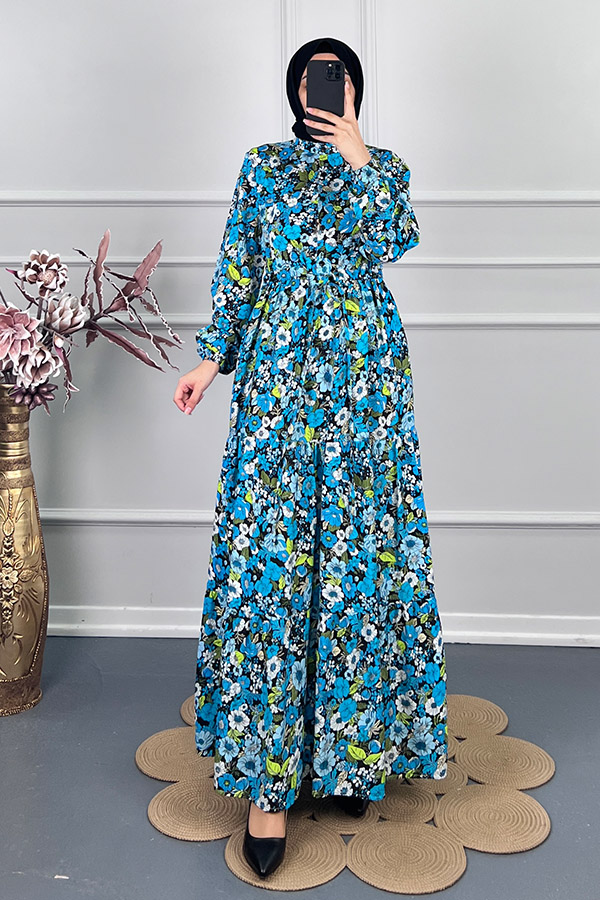 Çiçekli Pamuk Viskon Elbise - Mavi