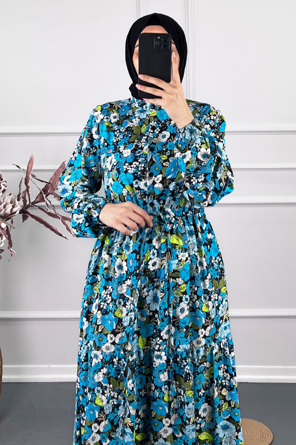 Çiçekli Pamuk Viskon Elbise - Mavi