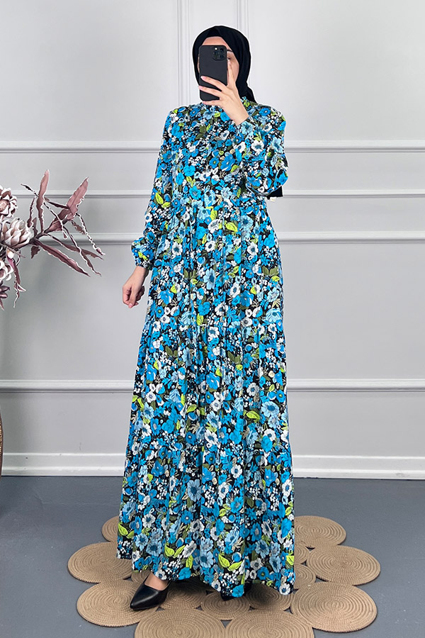 Çiçekli Pamuk Viskon Elbise - Mavi