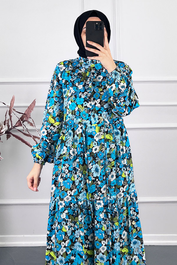 Çiçekli Pamuk Viskon Elbise - Mavi