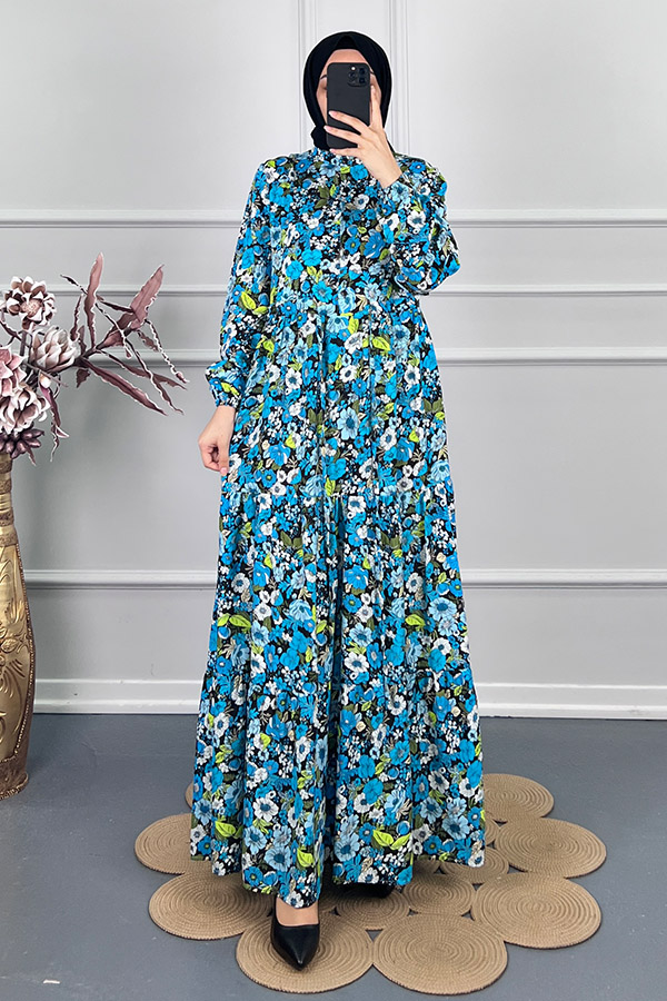 Çiçekli Pamuk Viskon Elbise - Mavi