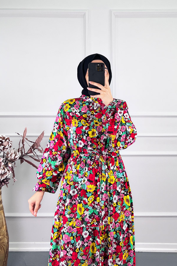 Çiçekli Pamuk Viskon Elbise - Turuncu