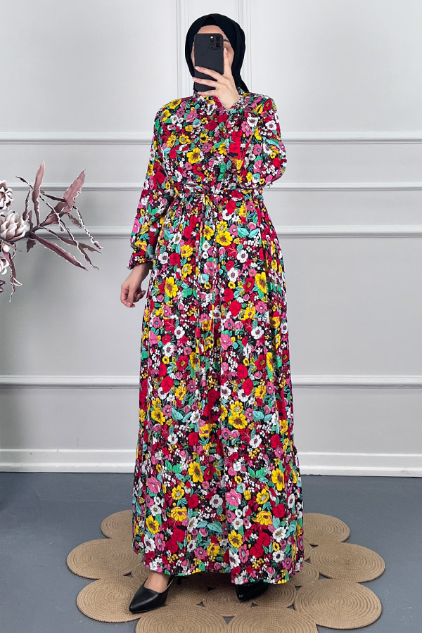 Çiçekli Pamuk Viskon Elbise - Turuncu