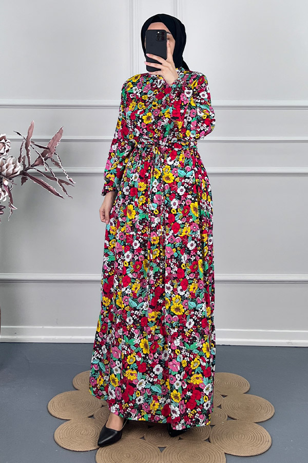 Çiçekli Pamuk Viskon Elbise - Turuncu