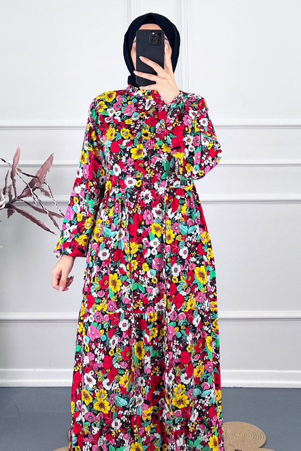 Çiçekli Pamuk Viskon Elbise - Turuncu