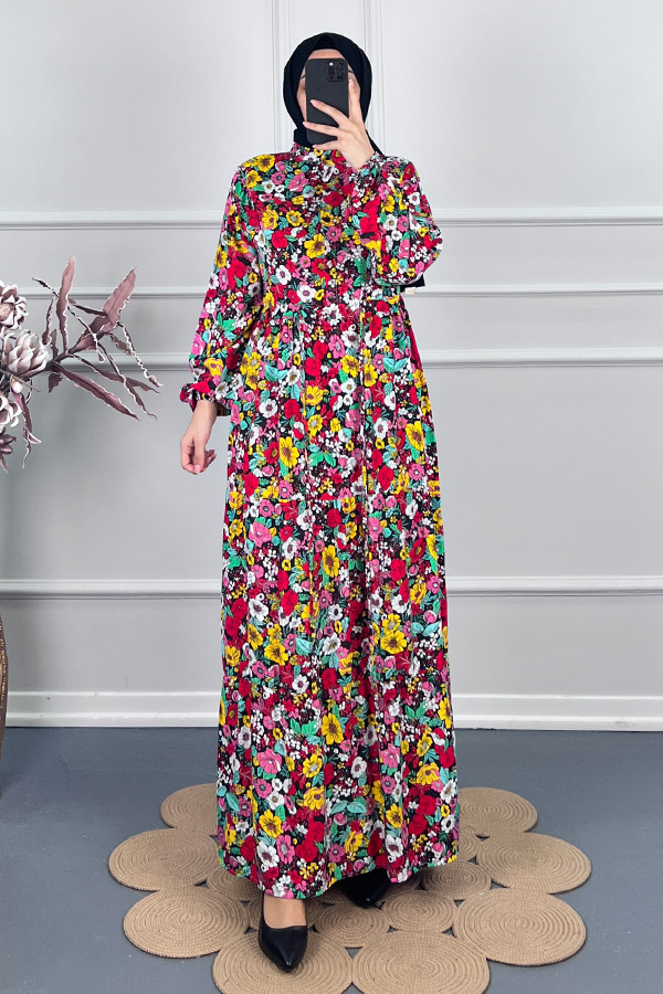 Çiçekli Pamuk Viskon Elbise - Turuncu