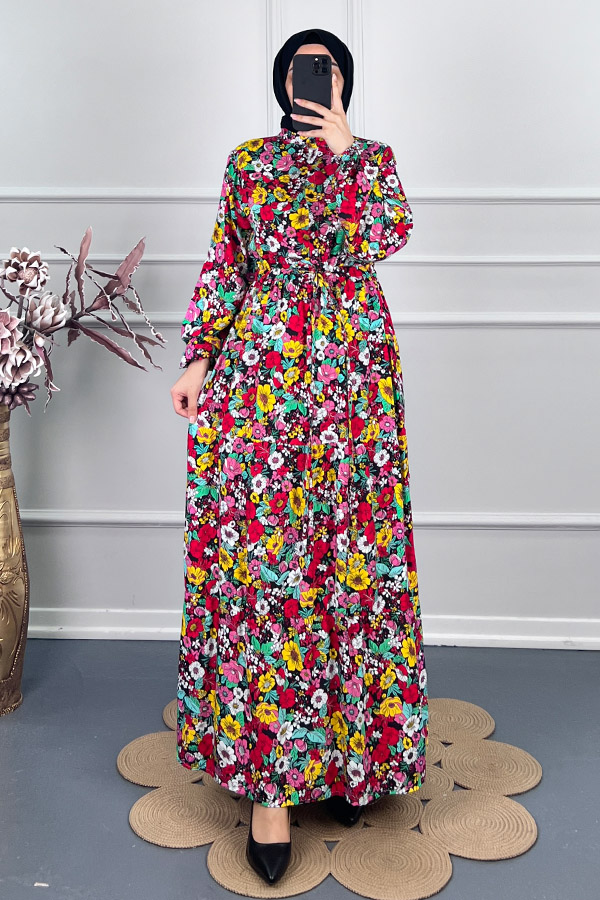 Çiçekli Pamuk Viskon Elbise - Turuncu