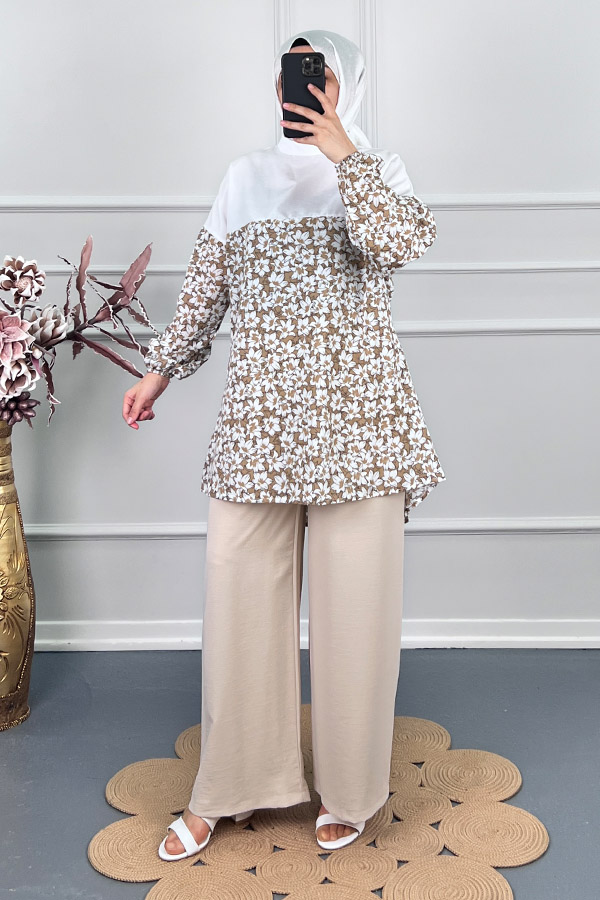 Çiçekli Tunik - Kahverengi