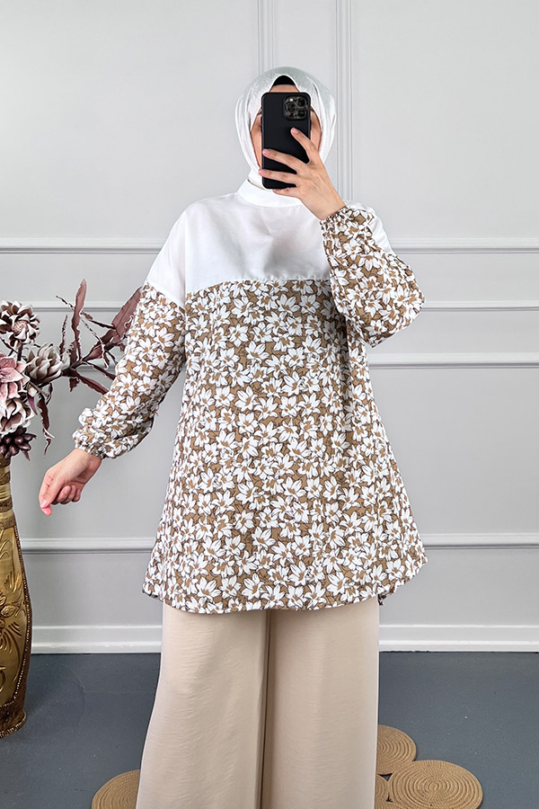Çiçekli Tunik - Kahverengi