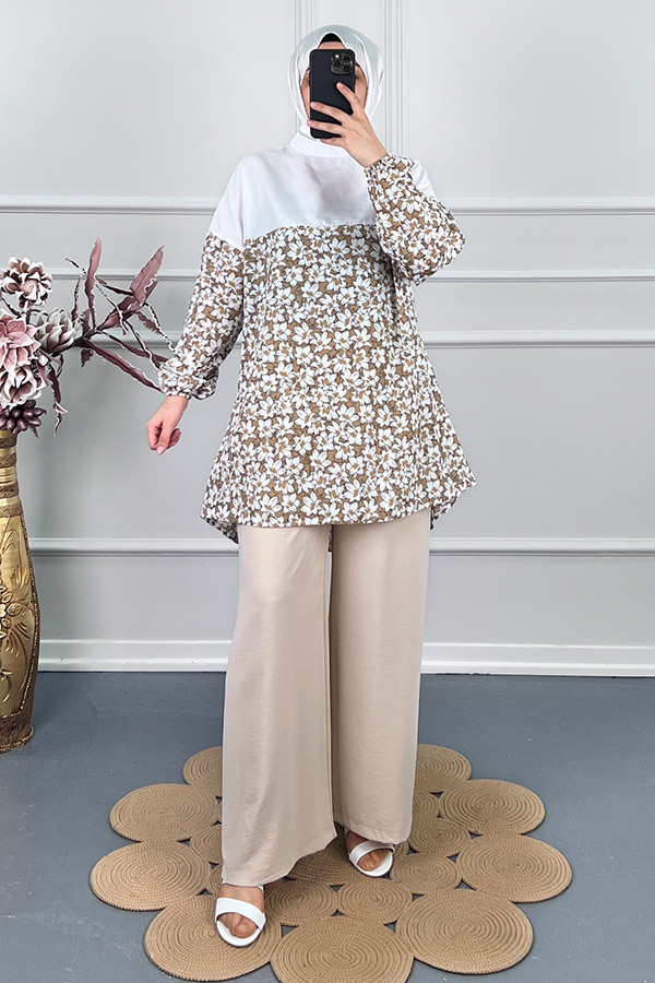 Çiçekli Tunik - Kahverengi