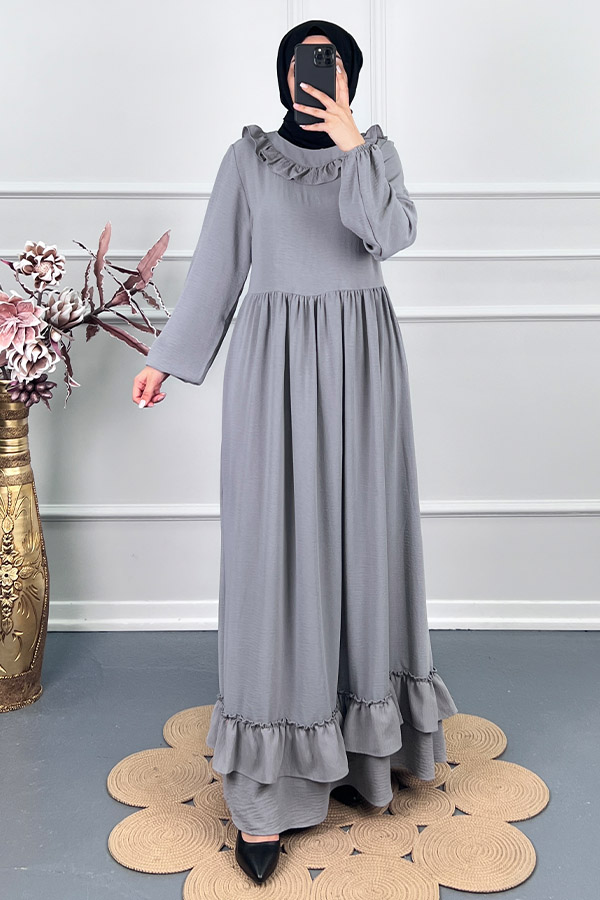 Çift Fırfırlı Elbise - Gri Çift Fırfırlı Elbise - Gri