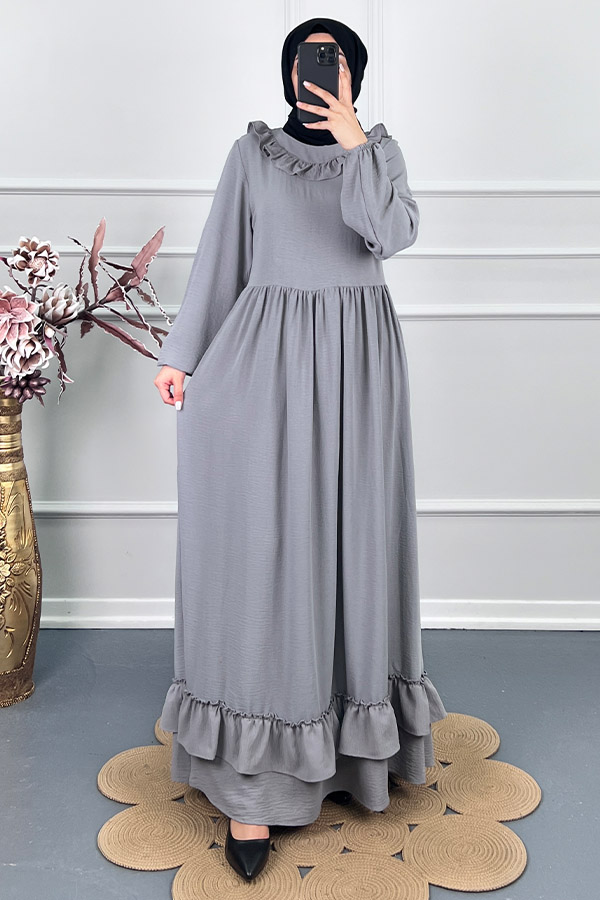 Çift Fırfırlı Elbise - Gri Çift Fırfırlı Elbise - Gri
