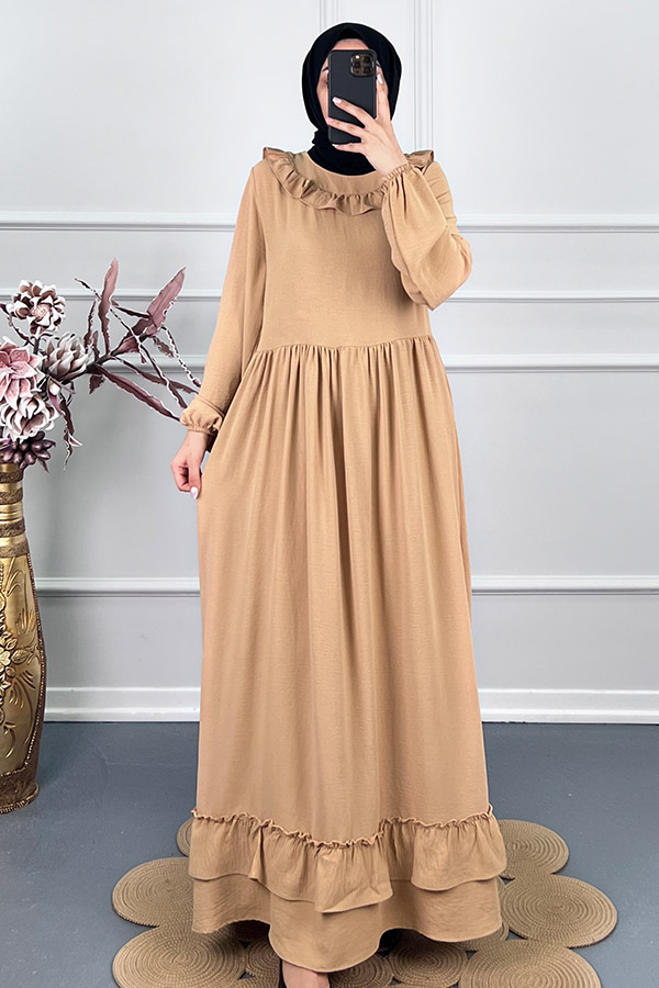 Çift Fırfırlı Elbise - Hardal Sarısı