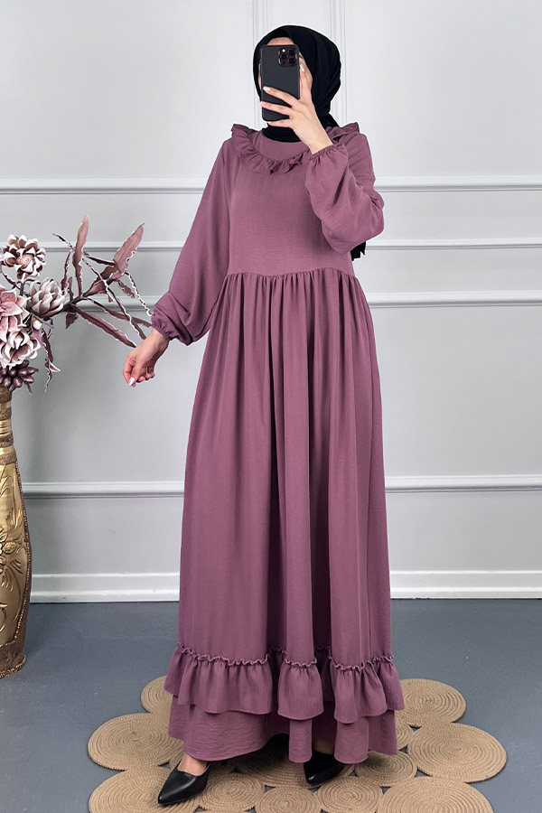 Çift Fırfırlı Elbise - Pudra Çift Fırfırlı Elbise - Pudra