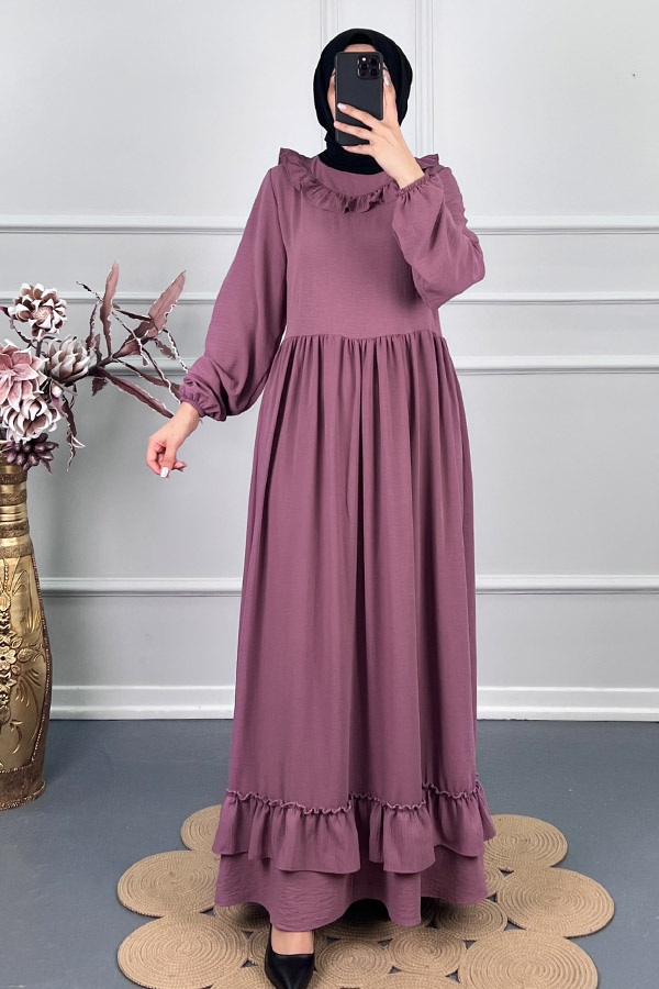 Çift Fırfırlı Elbise - Pudra Çift Fırfırlı Elbise - Pudra