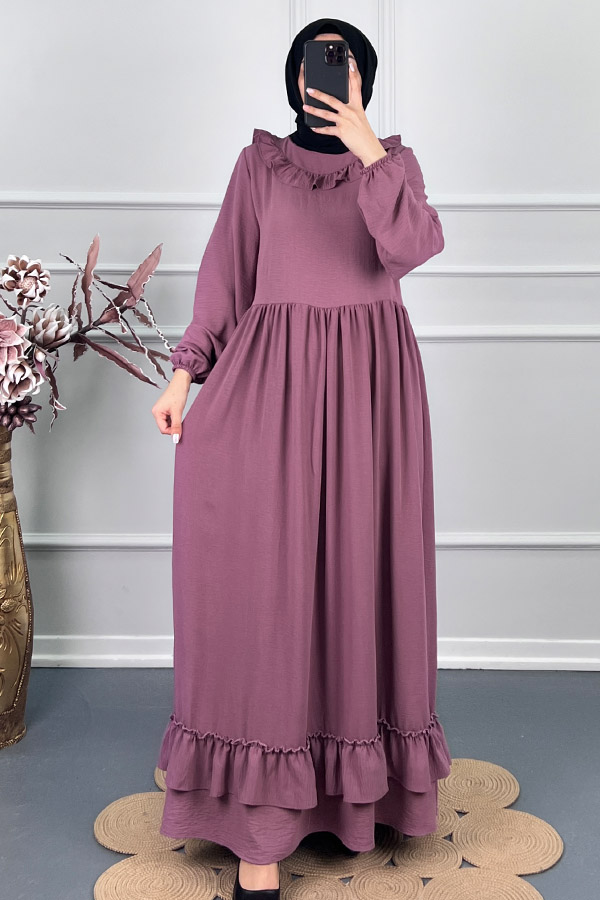 Çift Fırfırlı Elbise - Pudra Çift Fırfırlı Elbise - Pudra