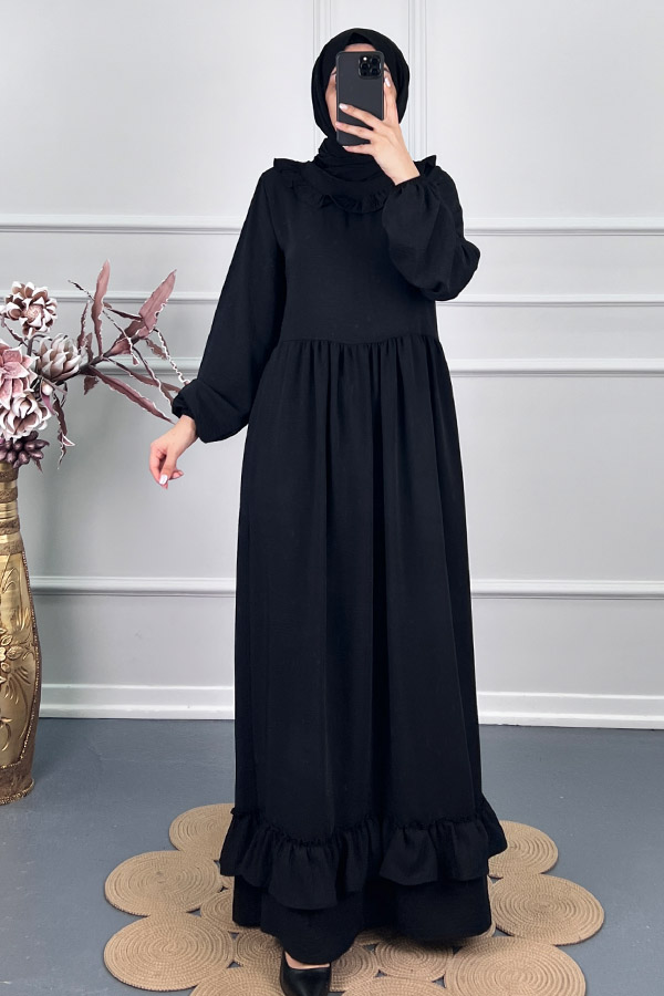 Çift Fırfırlı Elbise - Siyah Çift Fırfırlı Elbise - Siyah
