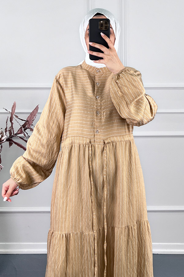 Çizgili Keten Elbise - Vizon