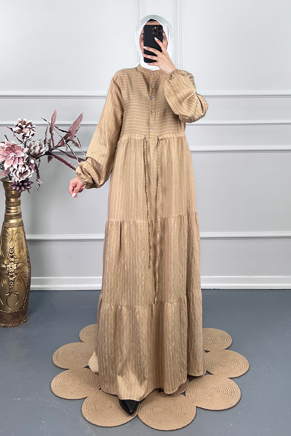 Çizgili Keten Elbise - Vizon