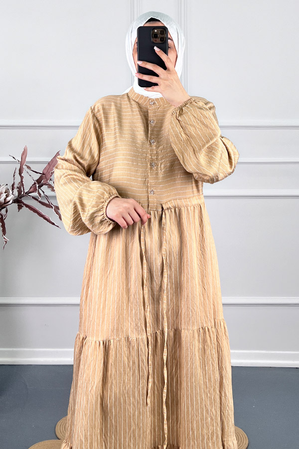 Çizgili Keten Elbise - Vizon
