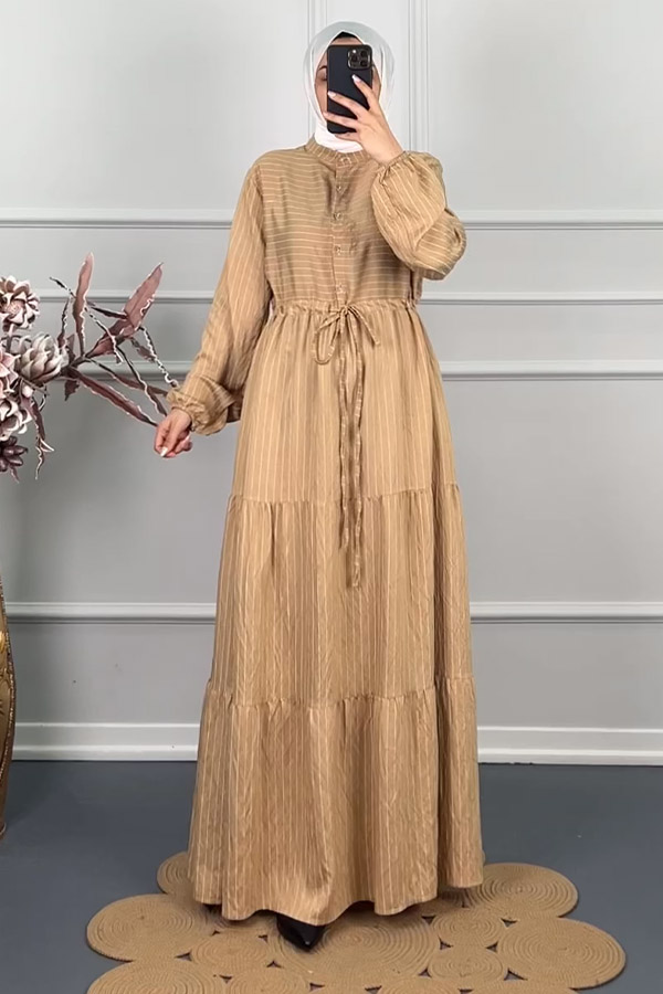 Çizgili Keten Elbise - Vizon