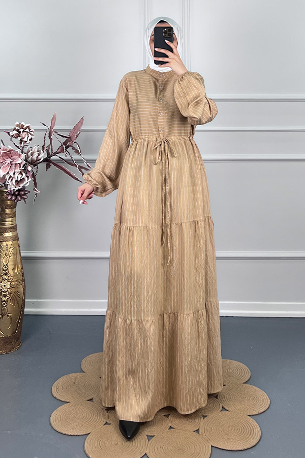 Çizgili Keten Elbise - Vizon