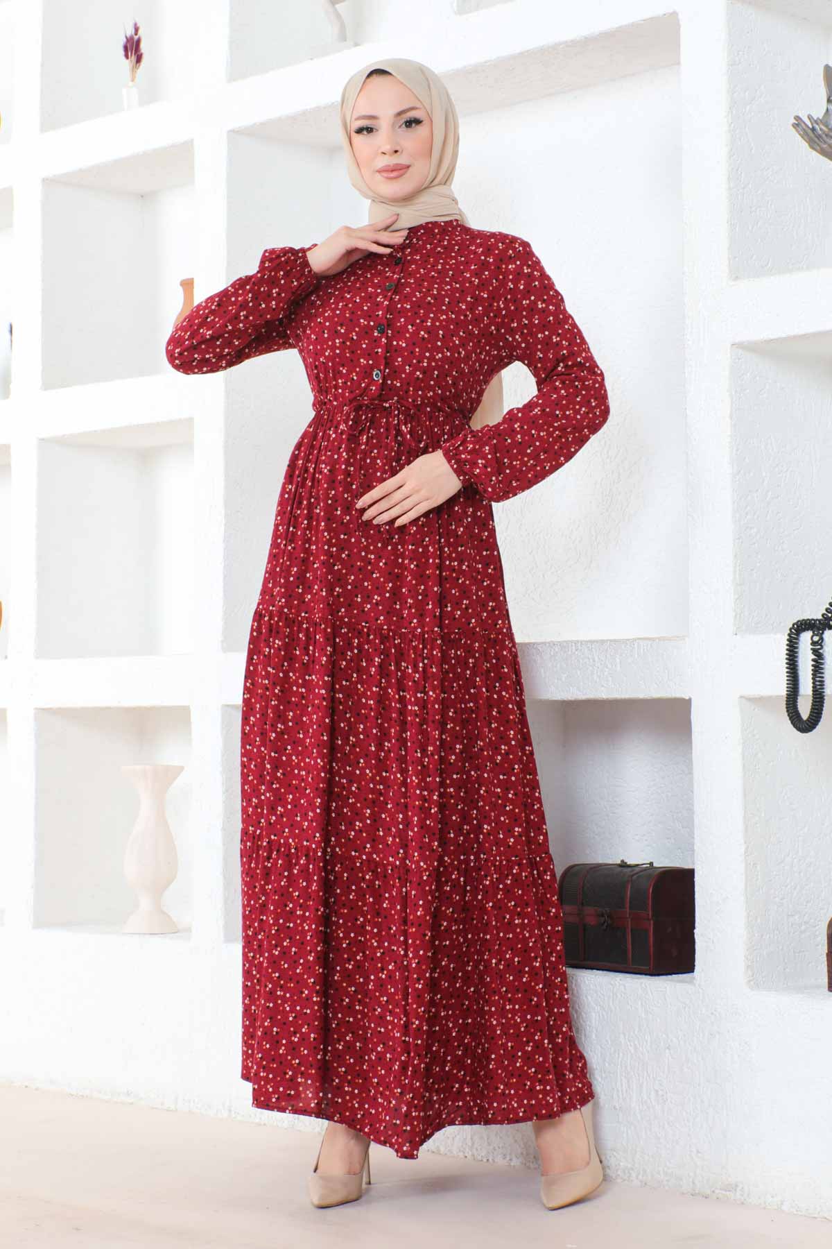 Çıtır Desenli Düğmeli Viskon Elbise - Bordo