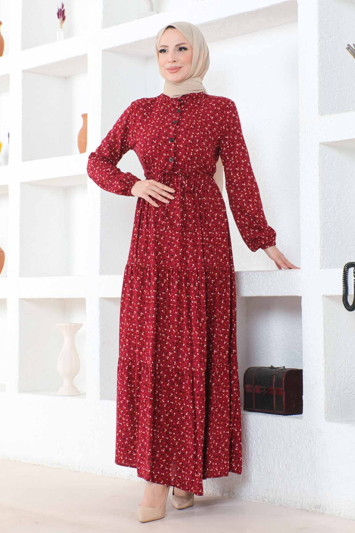 Çıtır Desenli Düğmeli Viskon Elbise - Bordo