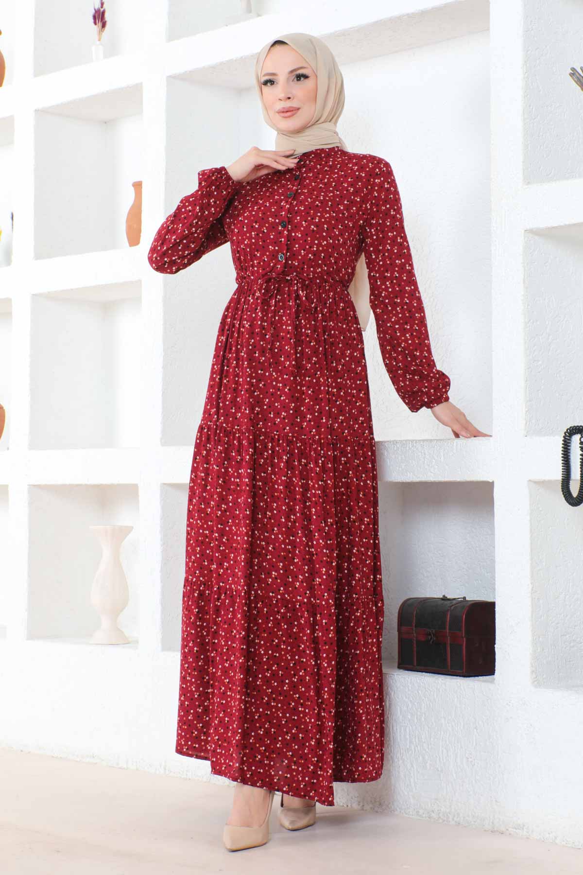 Çıtır Desenli Düğmeli Viskon Elbise - Bordo