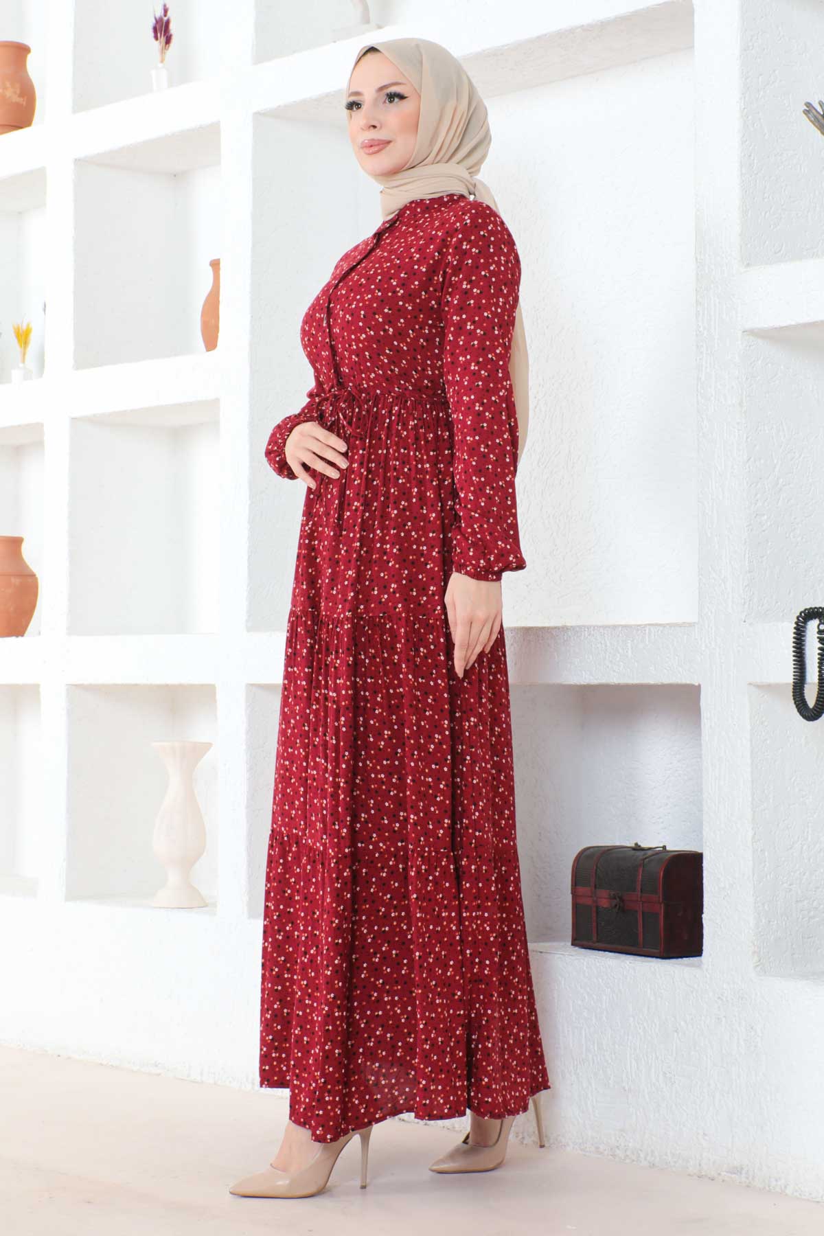 Çıtır Desenli Düğmeli Viskon Elbise - Bordo