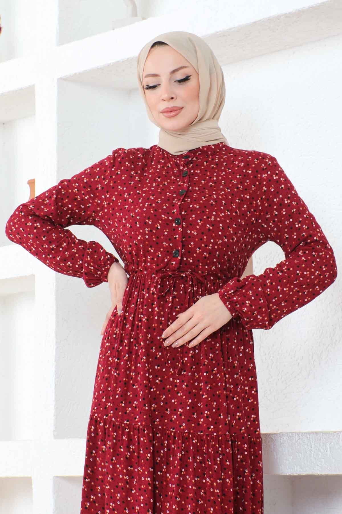 Çıtır Desenli Düğmeli Viskon Elbise - Bordo