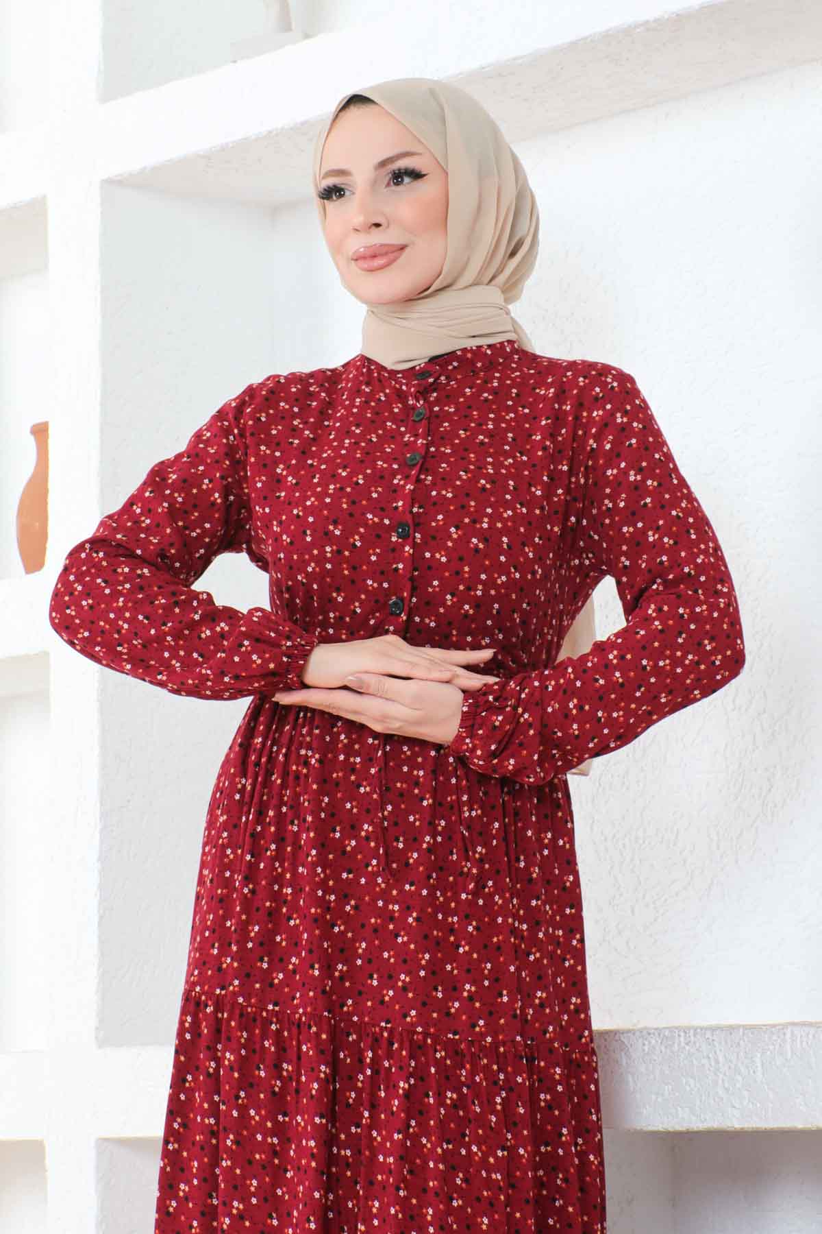Çıtır Desenli Düğmeli Viskon Elbise - Bordo