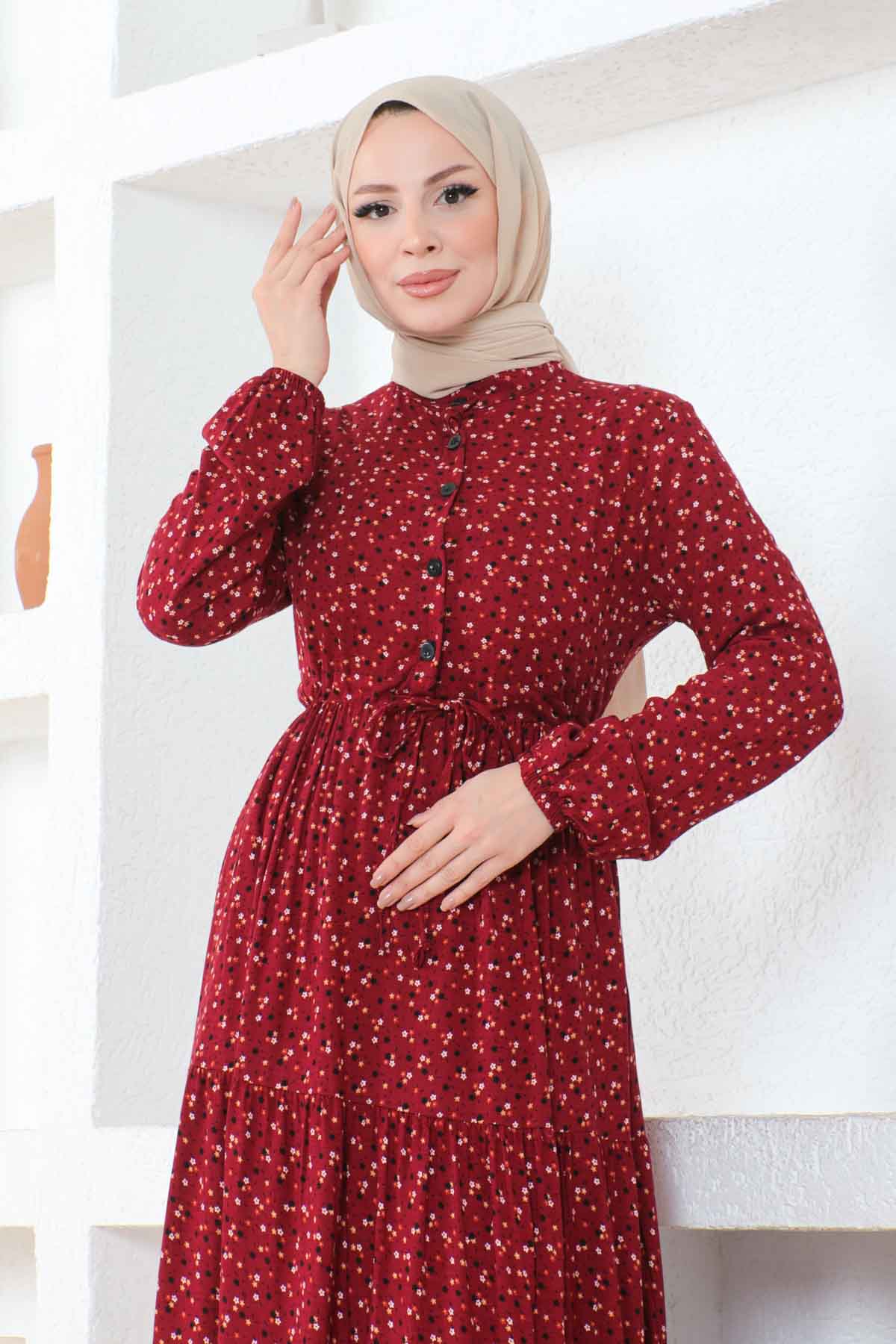 Çıtır Desenli Düğmeli Viskon Elbise - Bordo