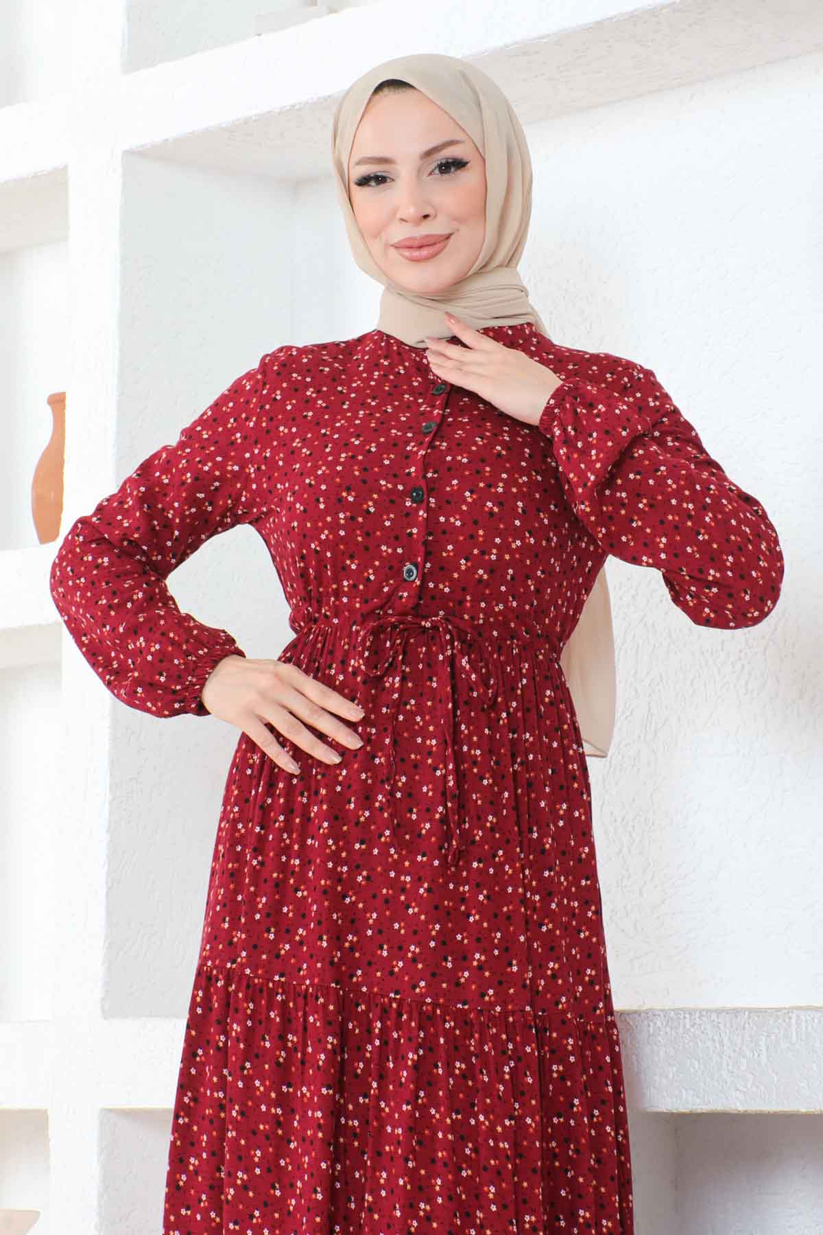 Çıtır Desenli Düğmeli Viskon Elbise - Bordo