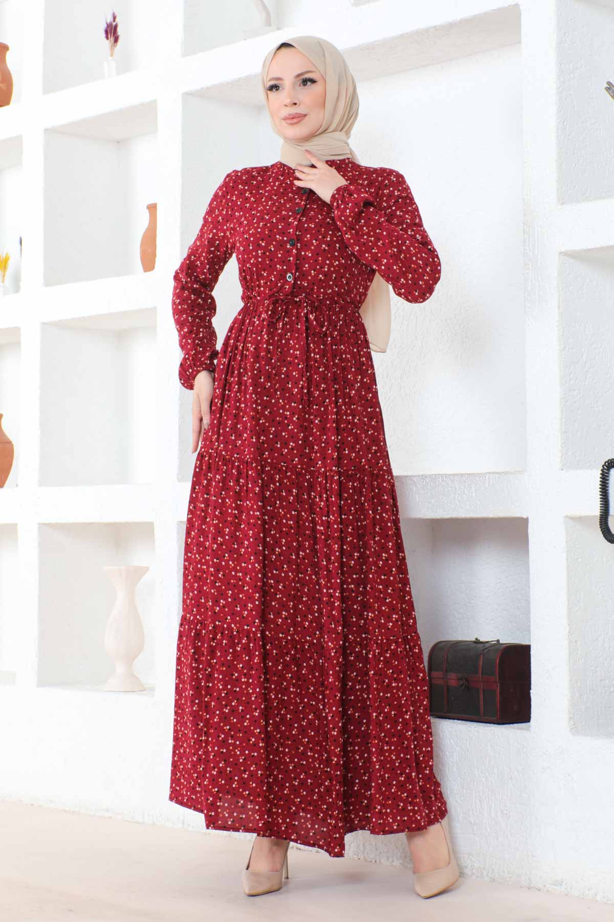 Çıtır Desenli Düğmeli Viskon Elbise - Bordo