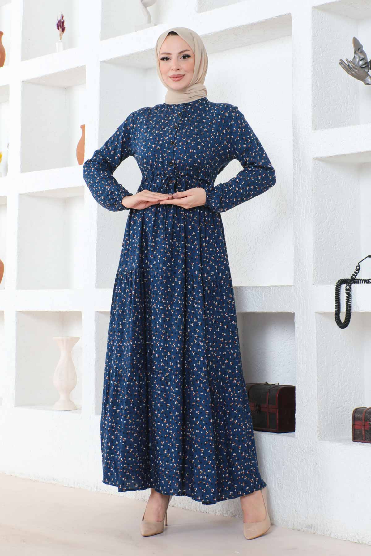 Çıtır Desenli Düğmeli Viskon Elbise - Lacivert