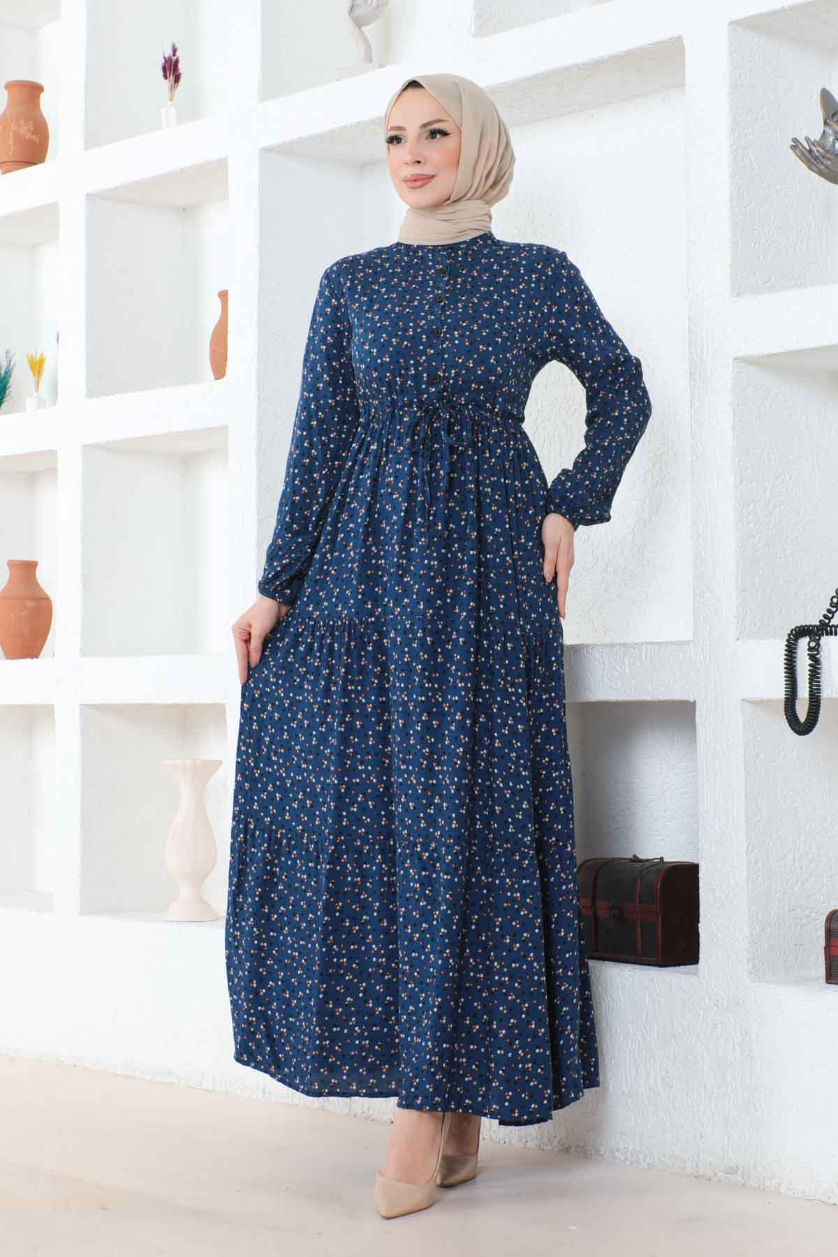 Çıtır Desenli Düğmeli Viskon Elbise - Lacivert