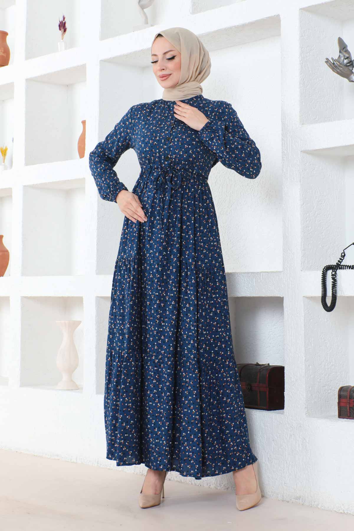 Çıtır Desenli Düğmeli Viskon Elbise - Lacivert