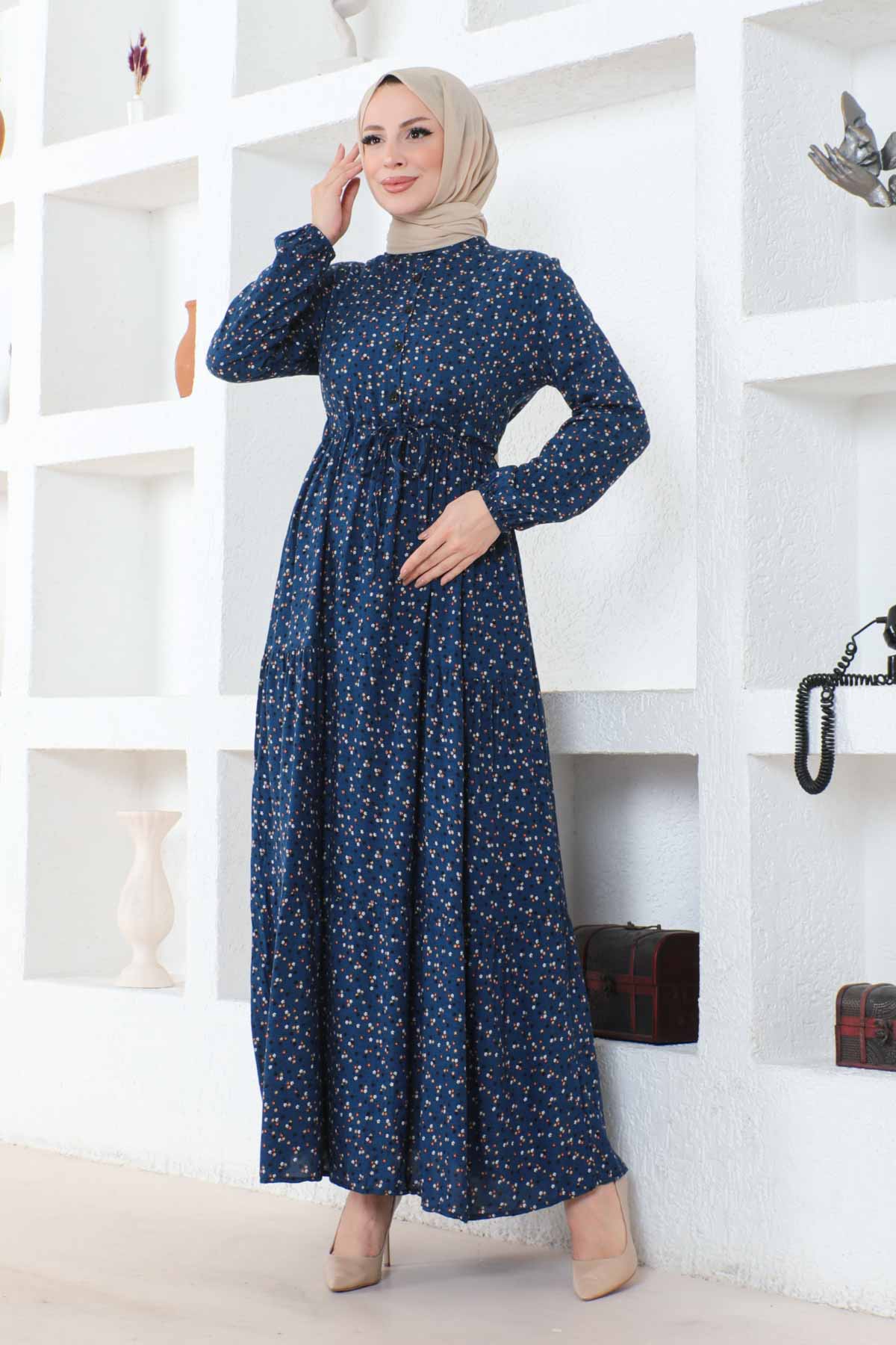 Çıtır Desenli Düğmeli Viskon Elbise - Lacivert
