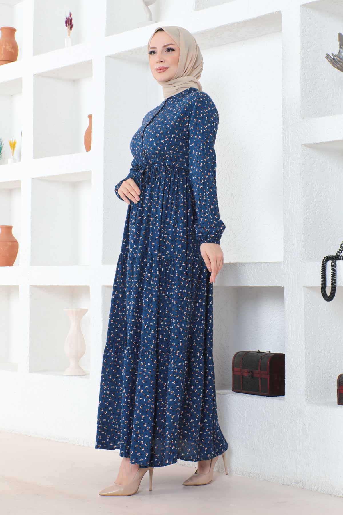 Çıtır Desenli Düğmeli Viskon Elbise - Lacivert