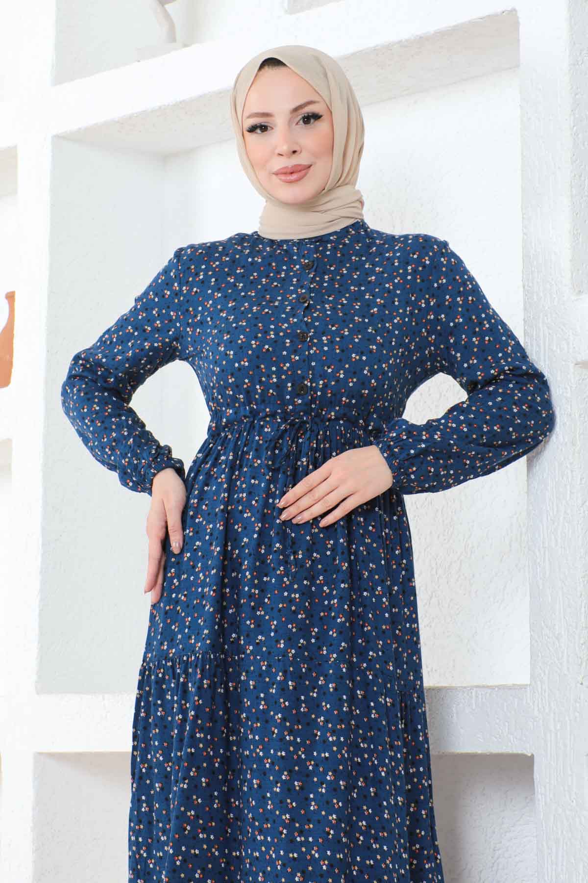 Çıtır Desenli Düğmeli Viskon Elbise - Lacivert