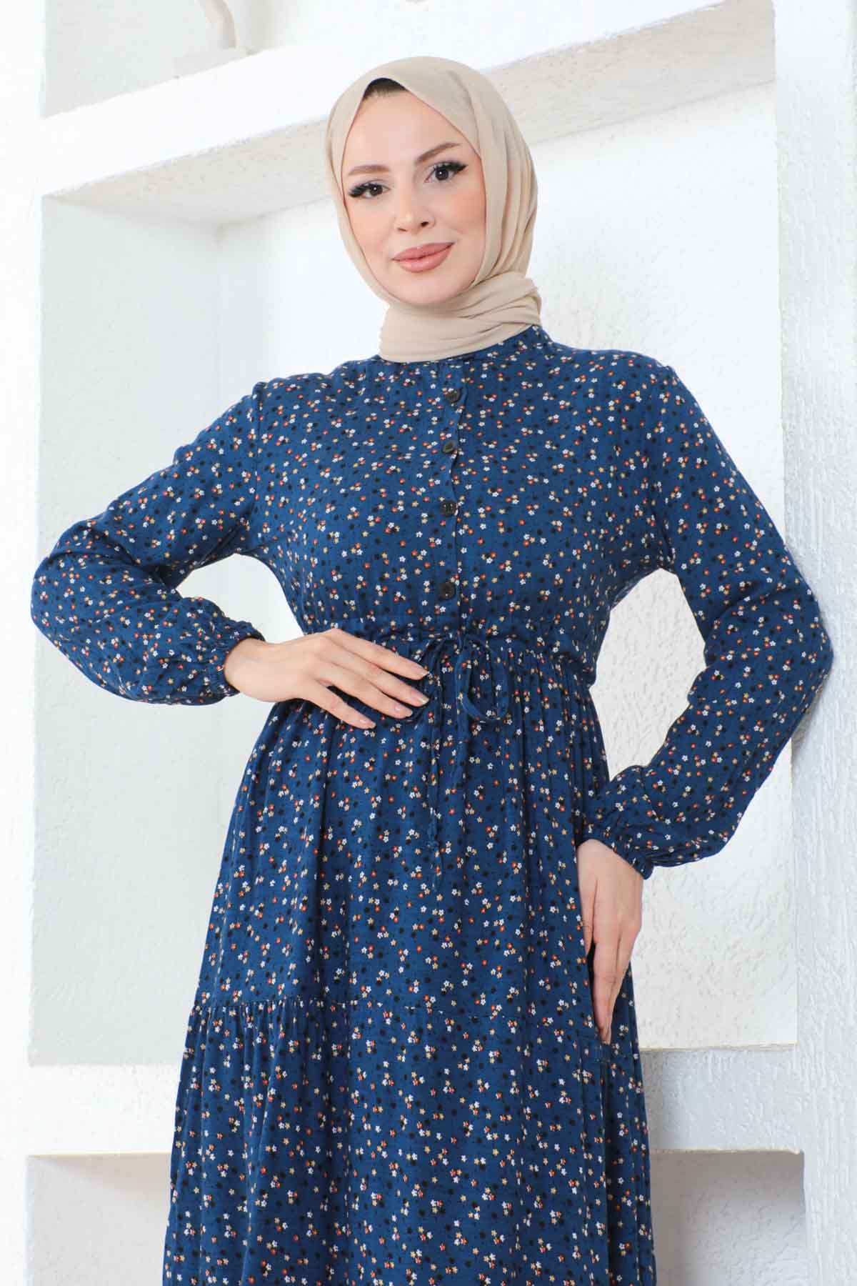 Çıtır Desenli Düğmeli Viskon Elbise - Lacivert