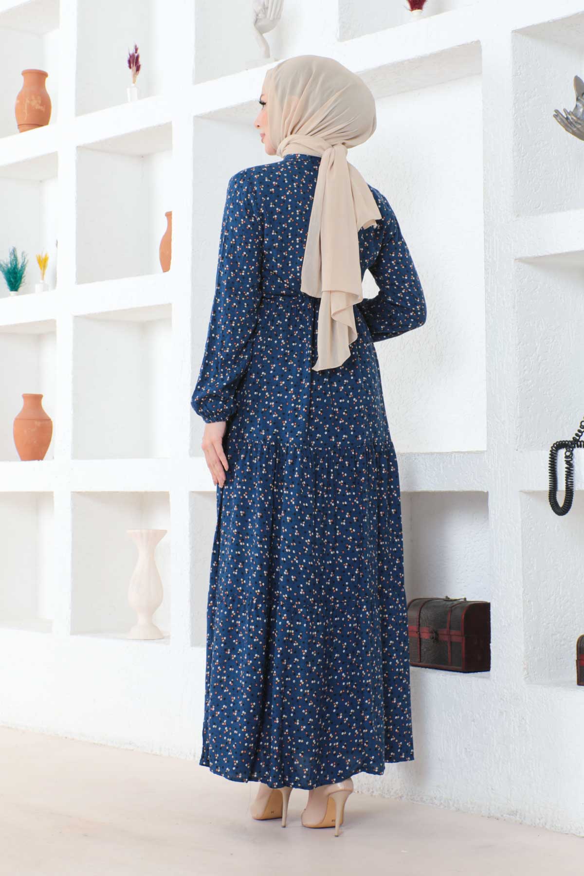 Çıtır Desenli Düğmeli Viskon Elbise - Lacivert