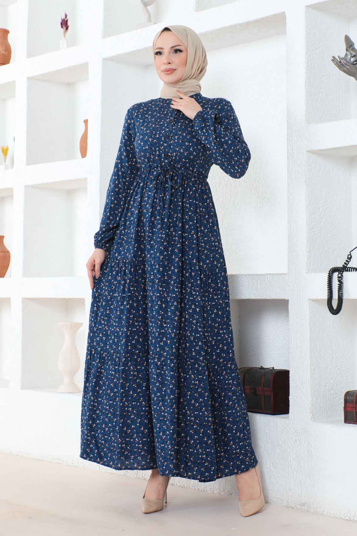 Çıtır Desenli Düğmeli Viskon Elbise - Lacivert
